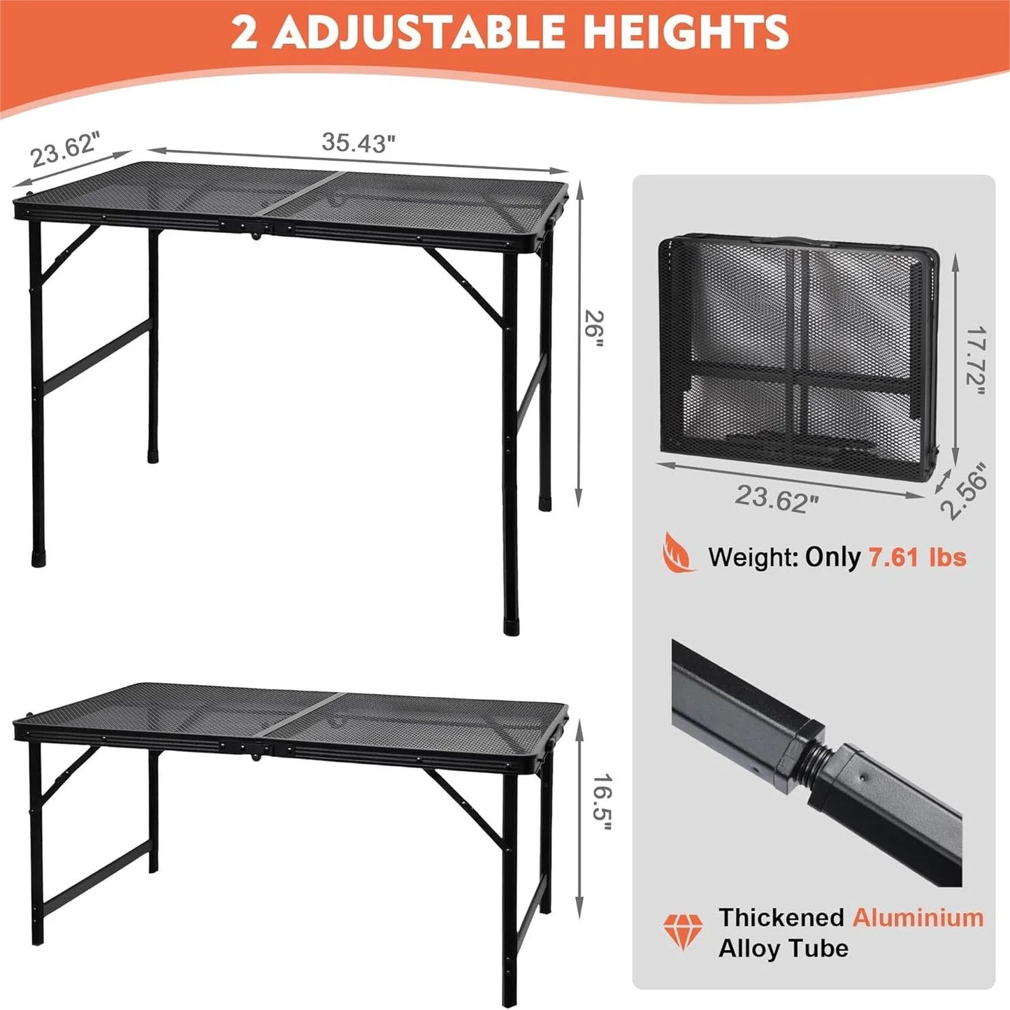 3FT Camping Folding Table with Adjustable Height(16.5"/26"), Black Metal Mesh Table with Carry Handle, Lightweight Portable Folding Grill Table for Camping Tailgating BBQ Picnic Indoor, up to 66 lbs