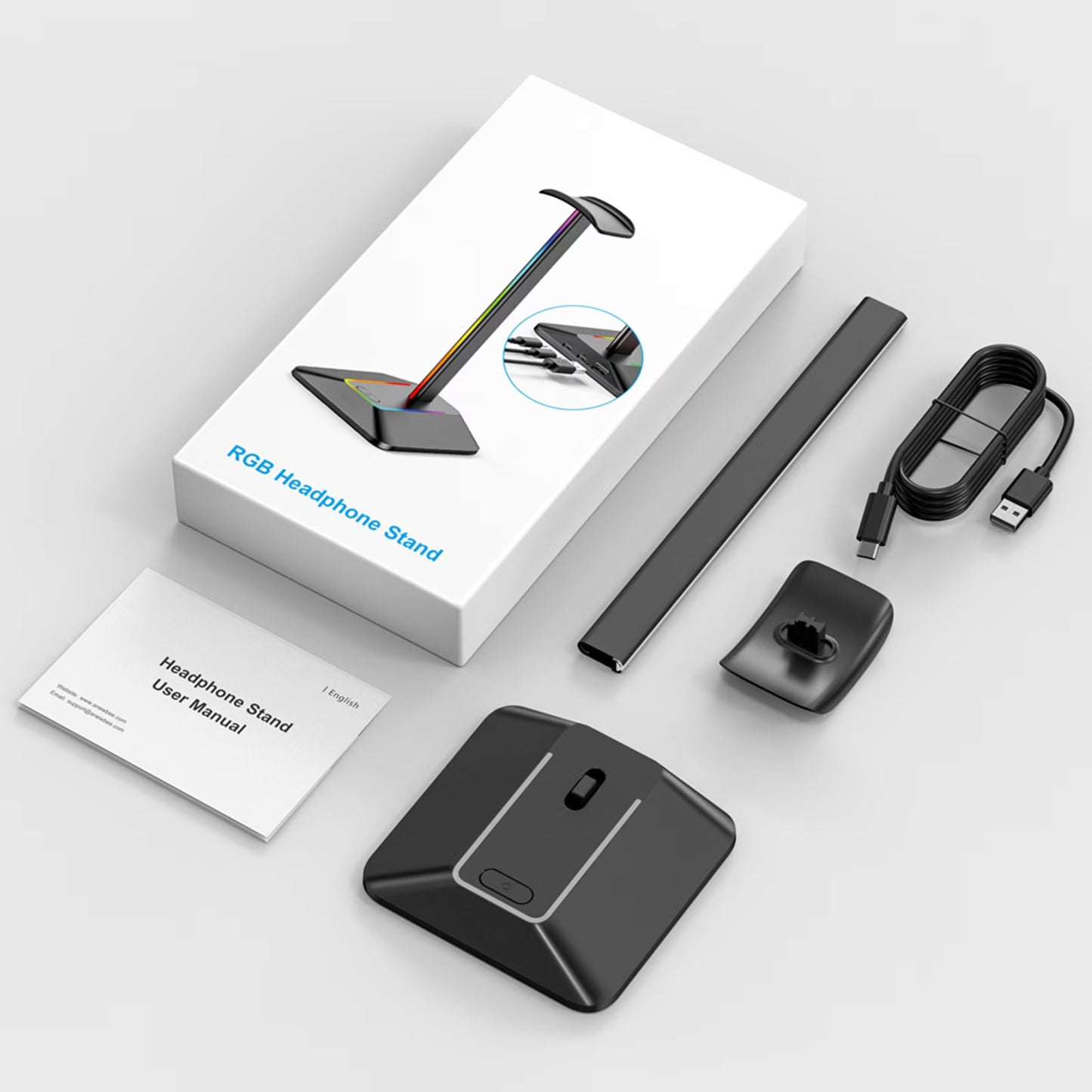 RGB Headphone Stand with 1 USB C Charging Port and 1 USB Charging Port, Non-Slip Rubber Base, Desk Gaming Headset Stand with 7 Light Modes for All Earphone Accessories, Black