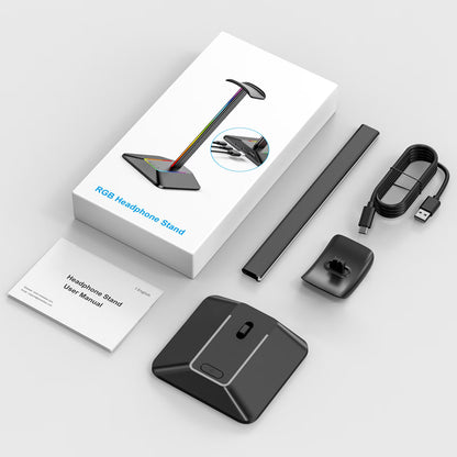RGB Headphone Stand with 1 USB C Charging Port and 1 USB Charging Port, Non-Slip Rubber Base, Desk Gaming Headset Stand with 7 Light Modes for All Earphone Accessories, Black
