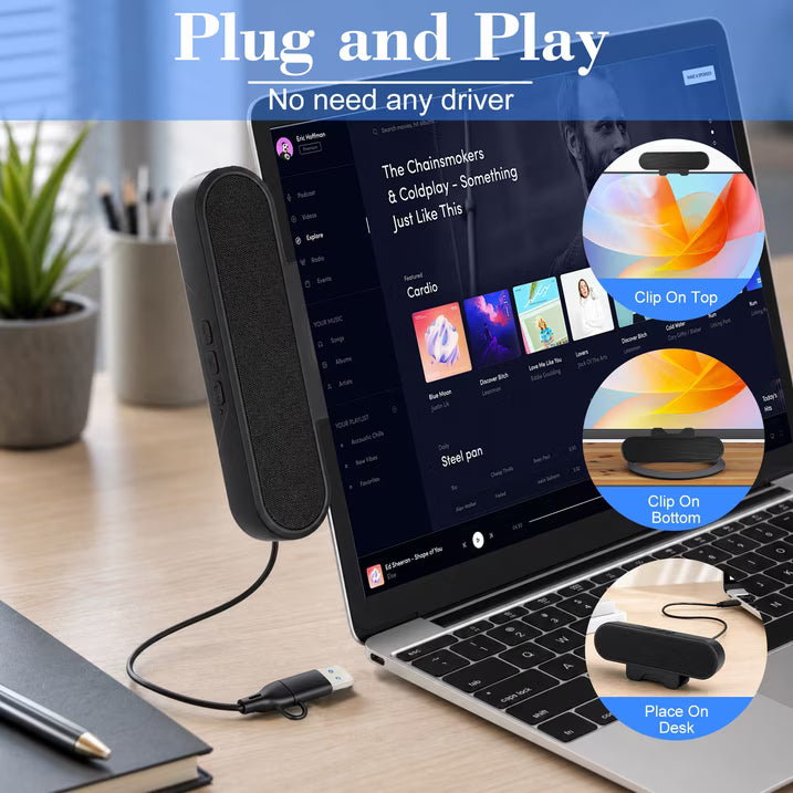 Computer Speakers for Desktop PC Monitor, USB Plug-in, Wired, Computer Soundbar for PC, Laptop Speakers with Adaptive-Channel-Switching, Loud Sound, Deep Bass, USB C Adapter, Easy to Clip on Monitor