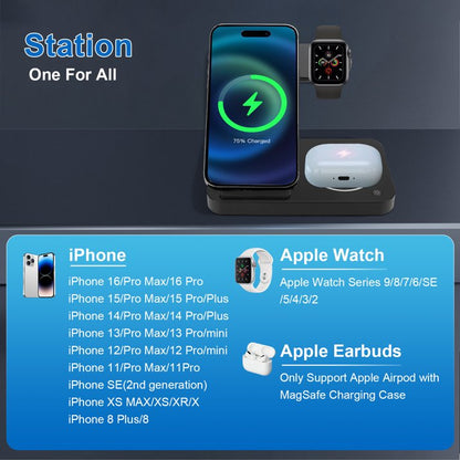 4 in 1 Wireless Charger Stand 15W Charging Station for Multiple Devices Compatible with iPhone 16/15/14/13/12/11, for iWatch, AirPods, Foldable Fast Charging Stand with LED Light
