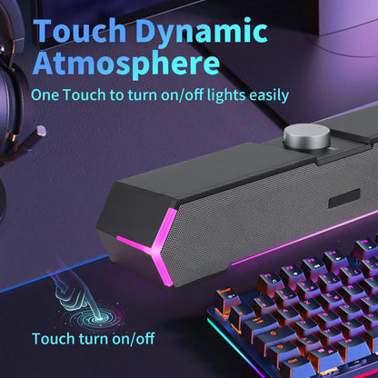 Computer Speakers for Desktop PC, 3.5mm PC Sound Bar for Desktop Monitor/Laptop, Wired USB-Powered Gaming Speakers with Colorful LED Light, Touch-Control Backlit w/ Volume Knob, Plug and Play