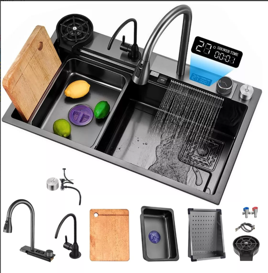 Waterfall Kitchen Sink, 26.77" Single Bowl Drop In Kitchen Sink With Pull-Out Faucet, Thickened Stainless Steel Digital Display Kitchen Sink Black