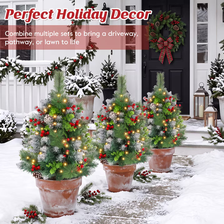 2 Pack 24inch Pre-Lit Pathway Christmas Trees Urn Filler, Artificial Mini Xmas Trees with Tripod Stake, 30 LED Lights & Timer, Battery Powered Outdoor Light Up Planter Filler Festival Holiday Decor