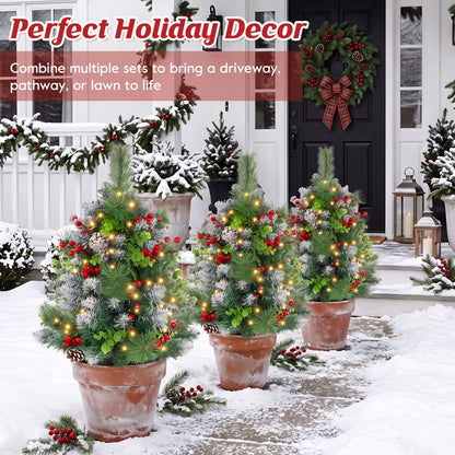 2 Pack 24inch Pre-Lit Pathway Christmas Trees Urn Filler, Artificial Mini Xmas Trees with Tripod Stake, 30 LED Lights & Timer, Battery Powered Outdoor Light Up Planter Filler Festival Holiday Decor
