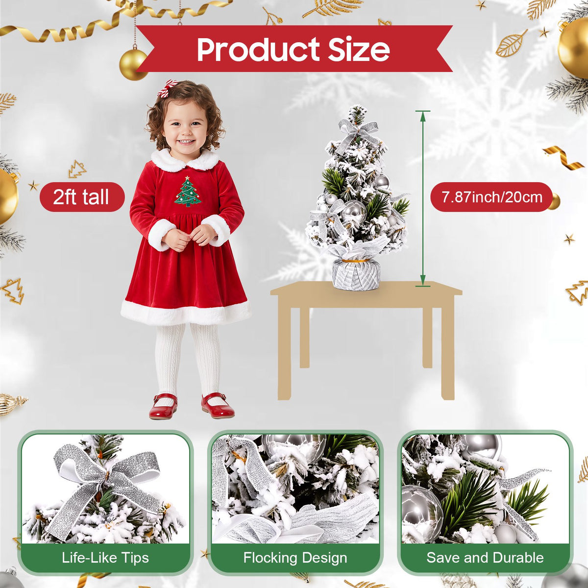 3 Pack Artificial Mini Tabletop Christmas Trees 7.9" Small Snowy Flocked Artificial Cedar Trees with Berries Ball Ornaments and Wood Bases for Home Office Holiday Table Centerpiece Mantel Decor