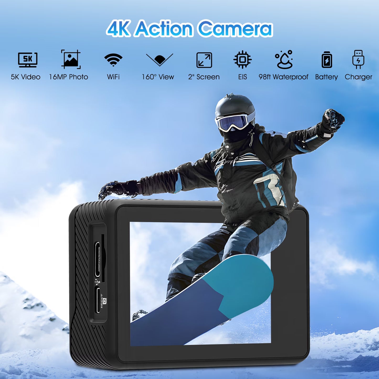 4K 30fps 16MP Action Camera with Front LCD and Rear Screens, Underwater Camera, 98FT Waterproof Sports Camera with 2 Batteries and Multi-Function Accessory, EIS, WiFi Remote Control, Black