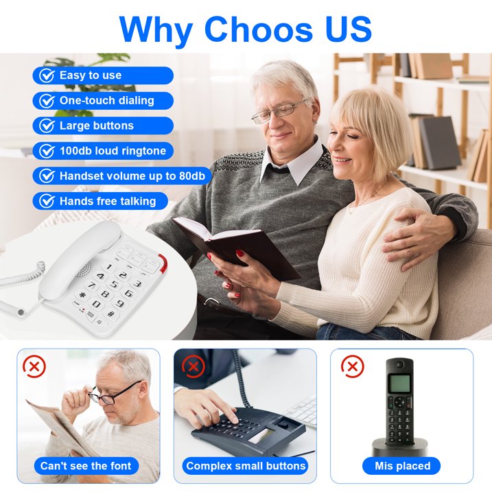 Big Button Phone for Seniors, Corded Landline Telephone with 3 Picture Keys, Adjustable Volume & Ringing, One-Touch Dialling Phones for Elderly Suitable People with Vision Disorders/Hearing Damage