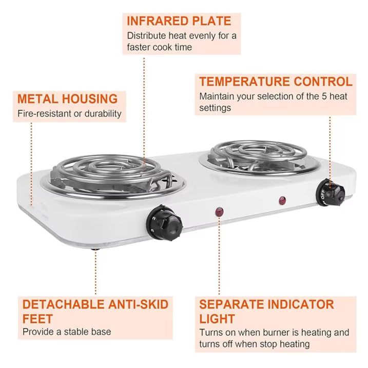 Hot Plate for Cooking, 2000W Electric Stove Burner with 5 Levels Temperature Control, Dual Coil Portable Stove for Home Dorm Office Kitchen Camping, Electric Cooktop Compatible of All Cookware, White