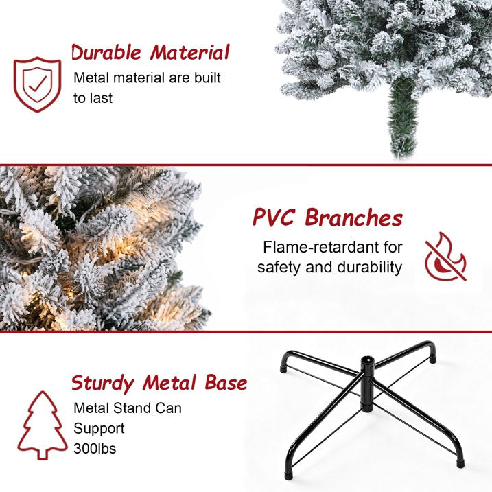 7ft Prelit Snow Flocked Artificial Hinged Slim Pencil Christmas Tree with Warm White Lights, Flocked Pencil Spruce Tree for Christmas Holiday