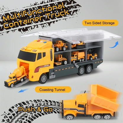 7 in 1 Construction Truck Vehicle Toy Set for Toddler Boy 1 2 3 4 5 Year Old, Die-Cast Toy Car Carrier Truck for Kids w/ Light & Sound Function, Alloy Metal Car Toys Birthday Gifts for 3-9 Boys Girls
