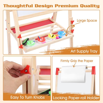 Wooden Art Easel, Adjustable Height Drawing Easel with Double Sided Whiteboard Chalkboard, Foldable Dry Erase Board with Accessories, Perfect Painting Gifts