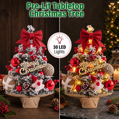 45cm Snow Flocked Mini Xmas Tree with Lights/Base Pinecones Red Berries Artificial Tabletop Xmas Tree for Festive Home Decor Red