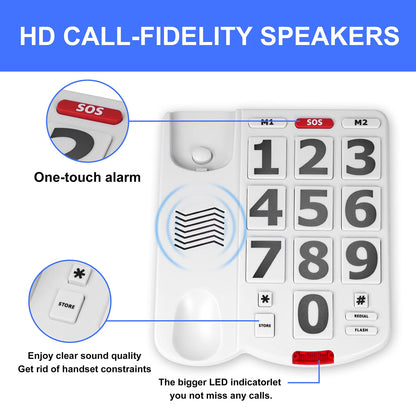 Big Button Phone for Seniors, Landline Corded Phone for Elderly, Adjustable Volume Large Key Wired Telephone for Visually Impaired/Hearing Damage Old People, Extra Loud Ringer