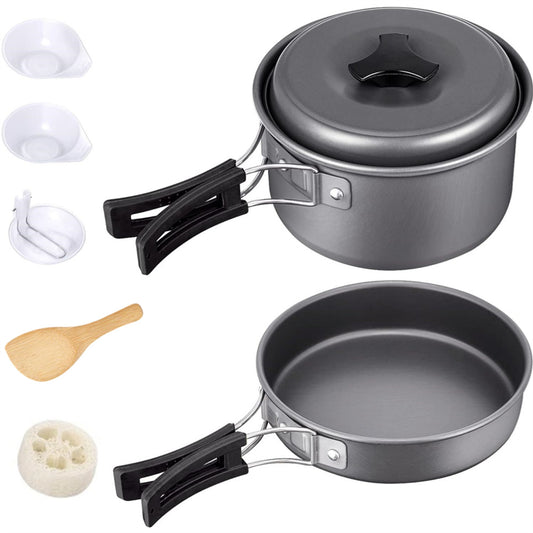 Eotvia Camping Pot And Pan, Stylish Aluminum Alloy Plastic Wood Camping Cookware Set Non Stick Coating With Spoon For Backpacking