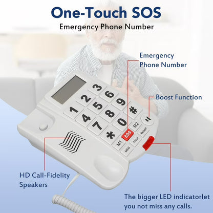 Large Button Phones for Seniors, Wired Telephone with Caller ID/Hands-Free for Office, Adjustable Amplified Volume Landline Phones for Visually/Hearing Impaired Elderly Emergency House Phones