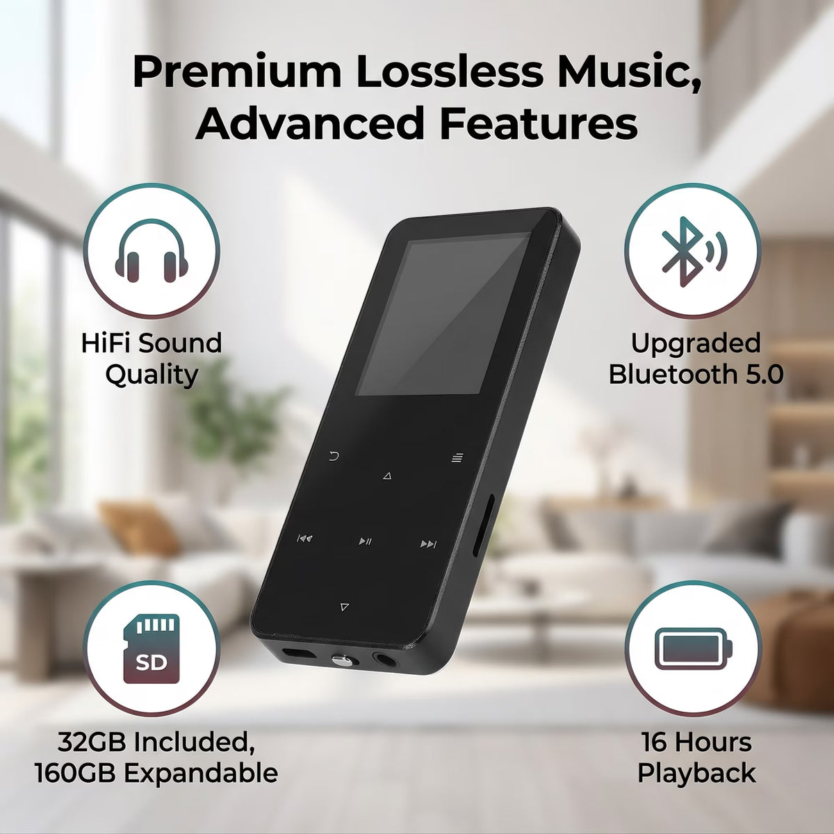 Portable MP3 Player, with Bluetooth 5.0, 32GB Music Player with Built-in HD Loudspeaker, HiFi Lossless Sound, E-Book Reader, Earphone include, Voice Recorder