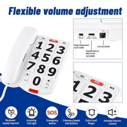 Big Button Phone for Seniors, Landline Corded Phone for Elderly, Adjustable Volume Large Key Wired Telephone for Visually Impaired/Hearing Damage Old People, Extra Loud Ringer