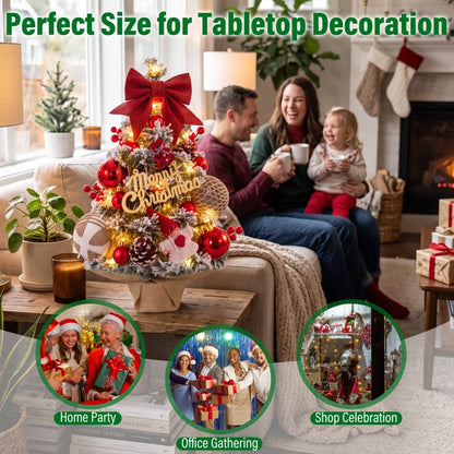 45cm Snow Flocked Mini Xmas Tree with Lights/Base Pinecones Red Berries Artificial Tabletop Xmas Tree for Festive Home Decor Red