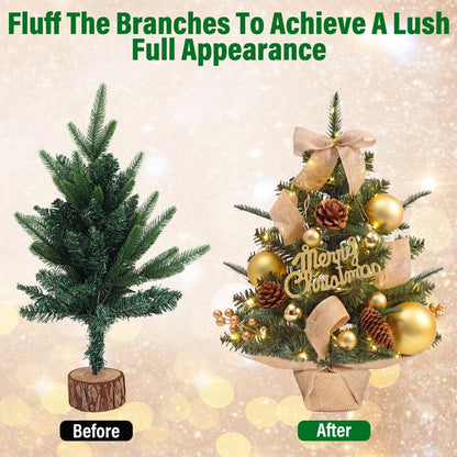 Mini Christmas Tree Tabletop Set with 30 LED Lights, 18 inch Artificial Xmas Tree with PineCones Berries Bows Balls & Gift Boxes Ornaments, Perfect DIY Xmas Decorations for Holiday Home Kitchen