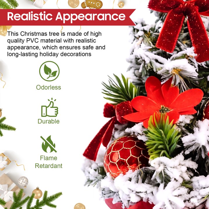 3 Pack Artificial Mini Tabletop Christmas Trees 7.9" Small Snowy Flocked Artificial Cedar Trees with Berries Ball Ornaments and Wood Bases for Home Office Holiday Table Centerpiece Mantel Decor