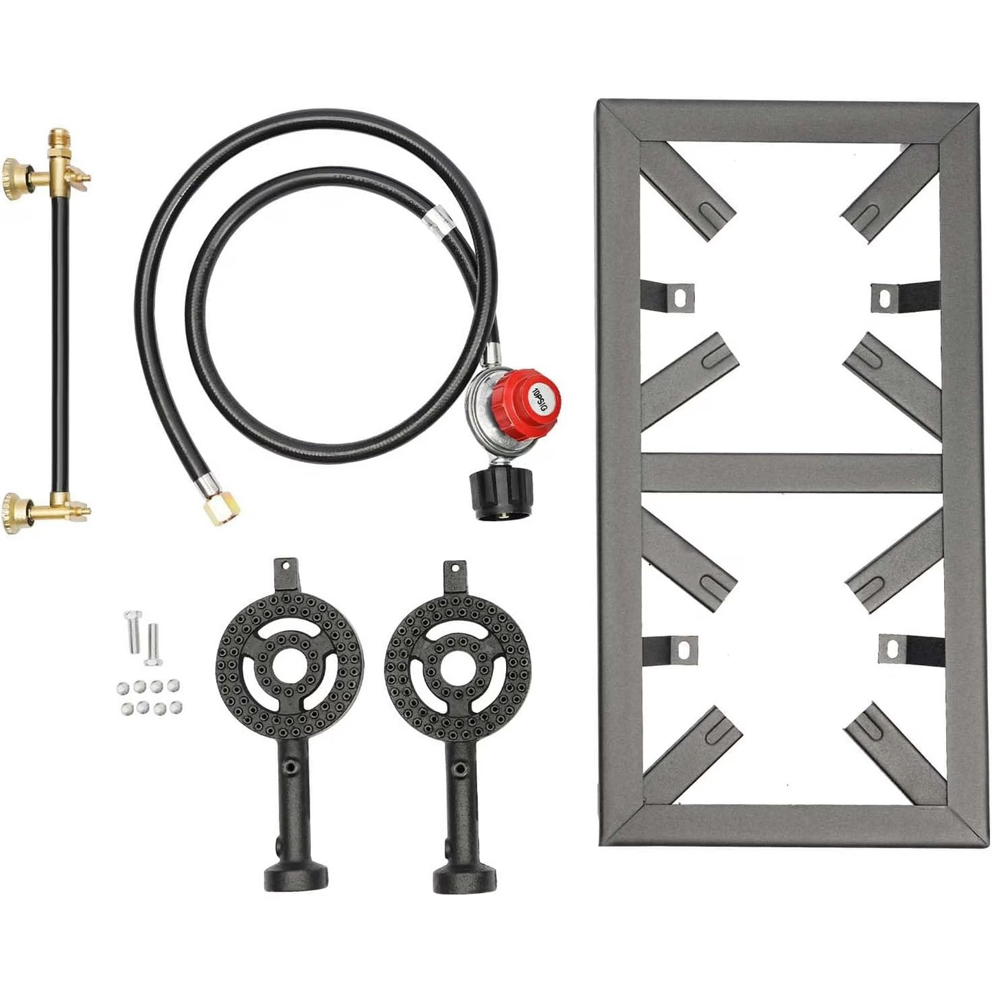 Portable 2 Burner Outdoor Gas Stove Cooker with Adjustable 0-10PSI Regulator Hose, BBQ Propane Burner Head for Patio Camping Tailgating Hiking Home Brewing Turkey Fry Maple Syrup Prep