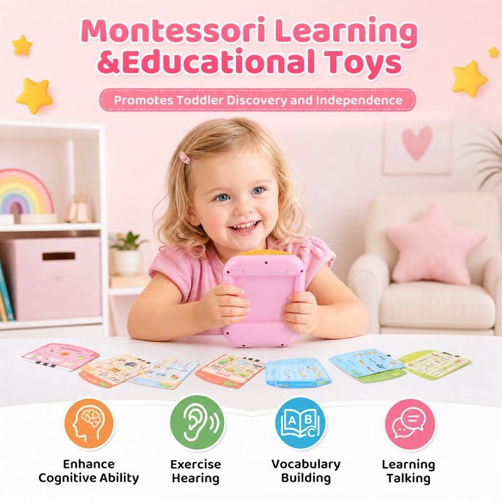 Talking Flash Cards for Toddlers Ages 1‑4, 478 Words English, Montessori Language Learning Toys with 36 Themes, Children's Sensory Toys, Pocket Speech Study Device, Birthday Gift for Boys Girls