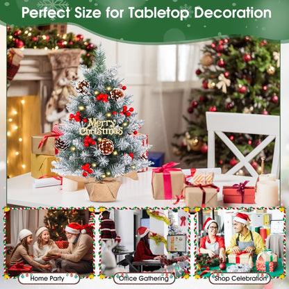 Mini Artificial Xmas Tree Set Small Tabletop Xmas Tree with Red Berries Pine Cones Lights Holiday Home Decoration