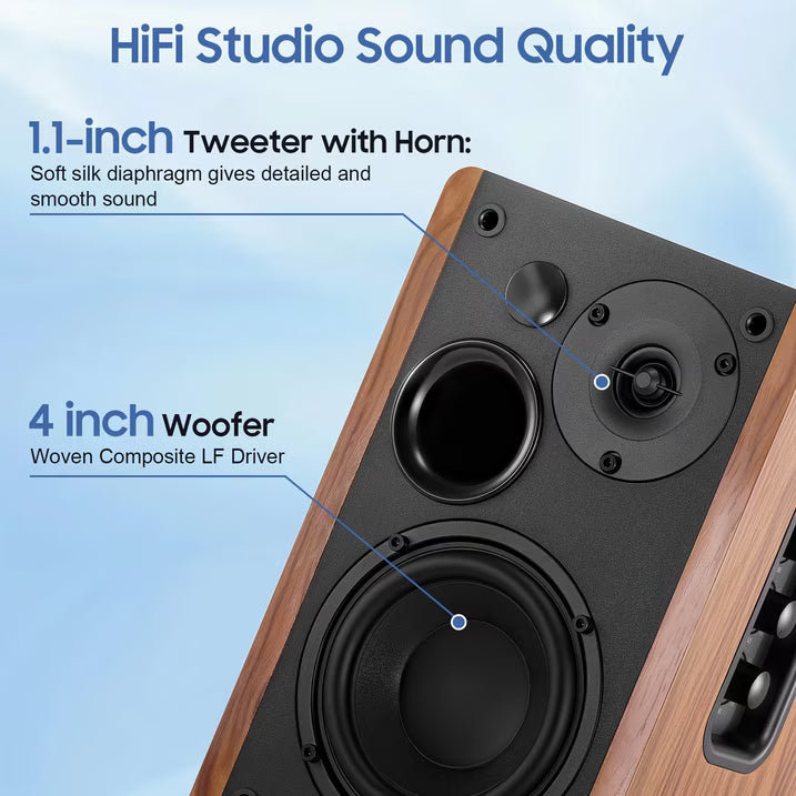 80W Powered Bookshelf Speakers, Bluetooth 5.3 HiFi Wireless Speaker with 4 inch Woofer, AUX/USB/Optical Inputs, Remote Control, Bass & Treble Adjust, Wooden Enclosure for PC TV Gaming Turntable