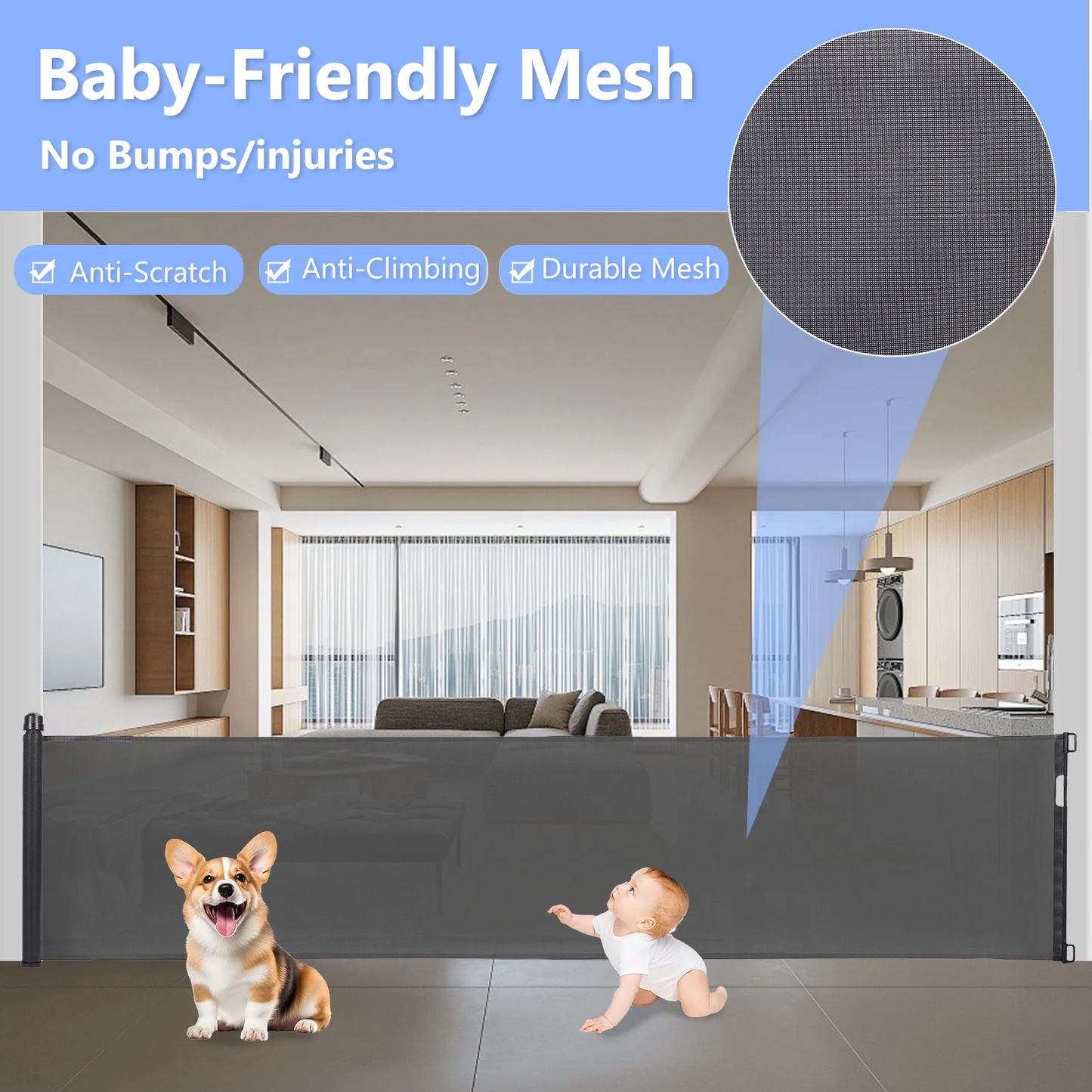 Retractable Baby Gate 35"x138" Extra Wide Mesh Dog Gate Child Safety Gate for Doorways, Indoor Outdoor Stairs, Black