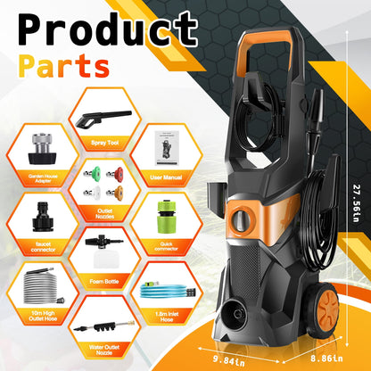 Electric Pressure Washer, 3000PSI Max 2.4 GPM Power Washer with 32 Ft Hose 32 Ft Power Cord, 4 Quick Connect Nozzles, Foam Cannon, Suitable for Clean Cars, Patios, Driveways, Fences, Pool
