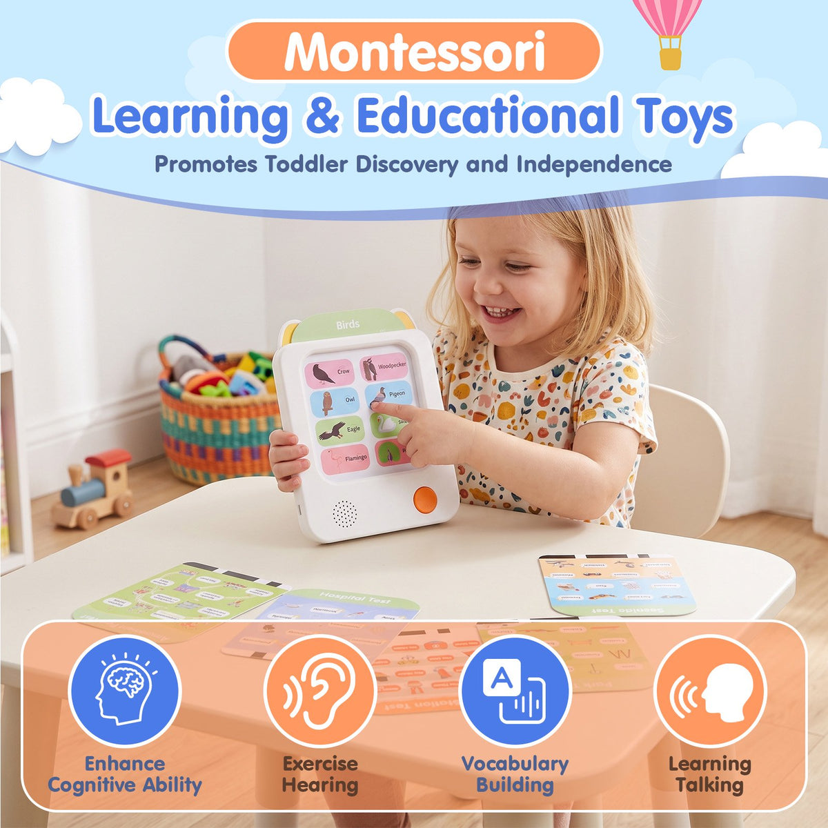 Talking Flash Cards for Toddlers Ages 1‑4, 504 Words English, Montessori Language Learning Toys with 36 Themes, Children's Sensory Toys, Pocket Speech Study Device, Birthday Gift for Boys Girls