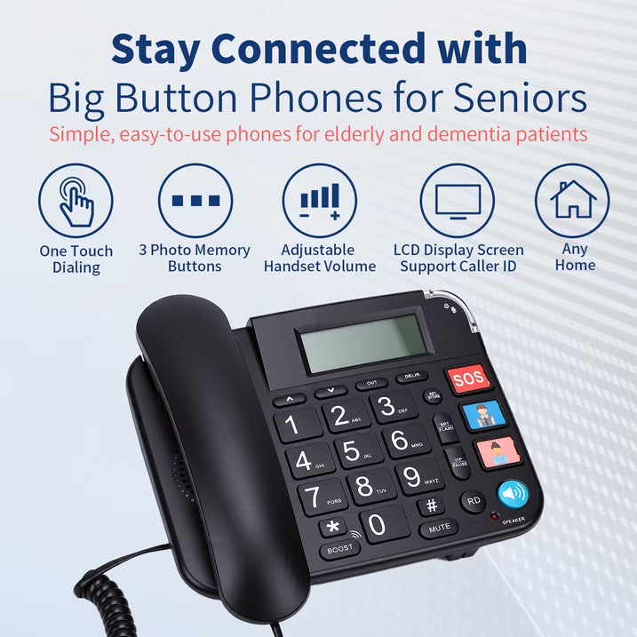 Large Key Wired Telephone, Dual Interface Wired Landline Phones with Caller ID/Hands-Free for Office, Big Button Corded Phones for Seniors, 3 Group One-Touch Dialing, Adjustable Volume & Ringing