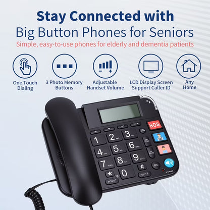 Large Key Wired Telephone, Dual Interface Wired Landline Phones with Caller ID/Hands-Free for Office, Big Button Corded Phones for Seniors, 3 Group One-Touch Dialing, Adjustable Volume & Ringing