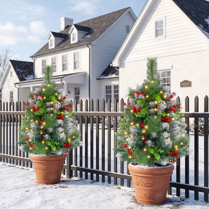 2 Pack 24inch Pre-Lit Pathway Christmas Trees Urn Filler, Artificial Mini Xmas Trees with Tripod Stake, 30 LED Lights & Timer, Battery Powered Outdoor Light Up Planter Filler Festival Holiday Decor