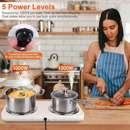 Hot Plate for Cooking, 2000W Electric Stove Burner with 5 Levels Temperature Control, Dual Coil Portable Stove for Home Dorm Office Kitchen Camping, Electric Cooktop Compatible of All Cookware, White