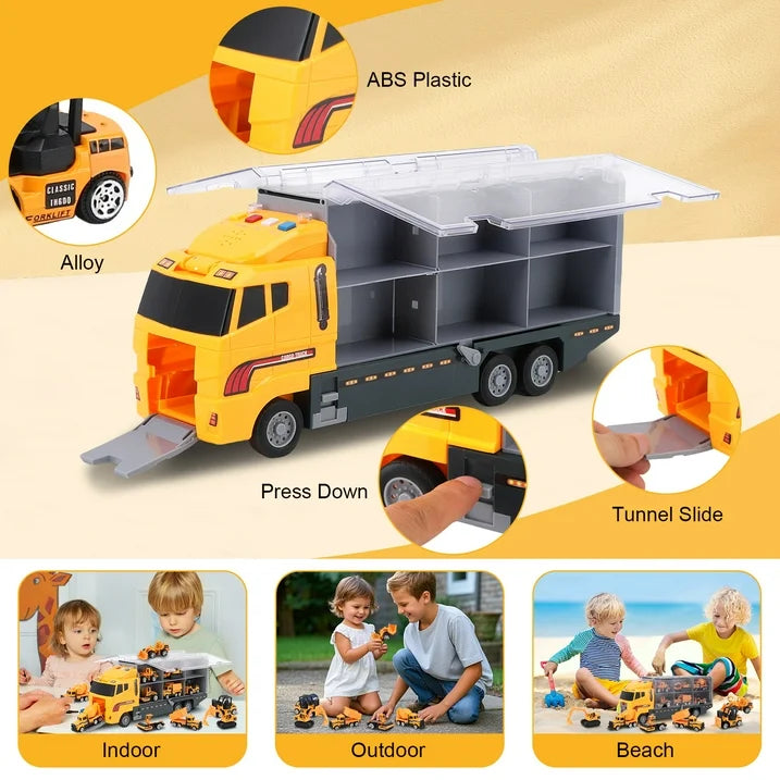 7 in 1 Construction Truck Vehicle Toy Set for Toddler Boy 1 2 3 4 5 Year Old, Die-Cast Toy Car Carrier Truck for Kids w/ Light & Sound Function, Alloy Metal Car Toys Birthday Gifts for 3-9 Boys Girls