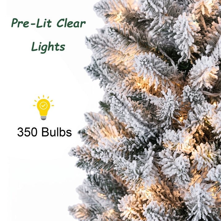 7ft Prelit Snow Flocked Artificial Hinged Slim Pencil Christmas Tree with Warm White Lights, Flocked Pencil Spruce Tree for Christmas Holiday