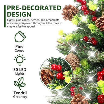 2 Set Pathway Christmas Trees 24.5in with Tripod Stake, Artificial Mini Xmas Trees with Lights, 12 PineCones & 24 Berries, Pre-Lit Holiday Outdoor Christmas Decorations for Porch Driveway Yard Garden