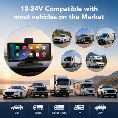 10.26" Portable Wireless CarPlay Screen for Car with 4K Dash Cam and 1080P Backup Camera, Wireless Car Play & Android Auto, OTA, Navigation, Voice Control, Mirror Link, Music Player