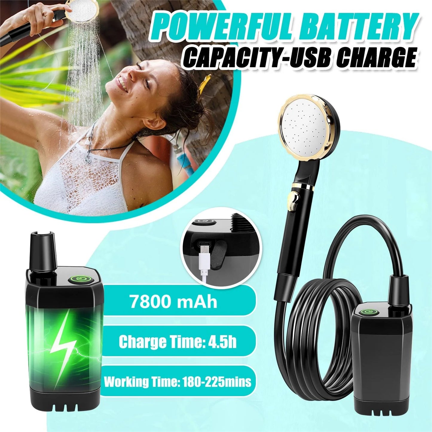 Portable Shower for Camping, 7800mAh Rechargeable Camping Shower with Intelligent LED Display, 4 Spray Modes, IPX7 Waterproof Outdoor Camp Pump Outdoor Shower Kit for Hiking, Travel, Car, Pet