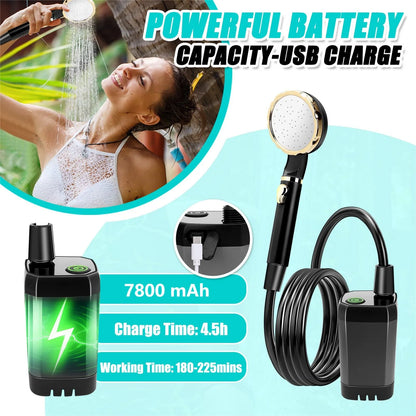 Portable Shower for Camping, 7800mAh Rechargeable Camping Shower with Intelligent LED Display, 4 Spray Modes, IPX7 Waterproof Outdoor Camp Pump Outdoor Shower Kit for Hiking, Travel, Car, Pet