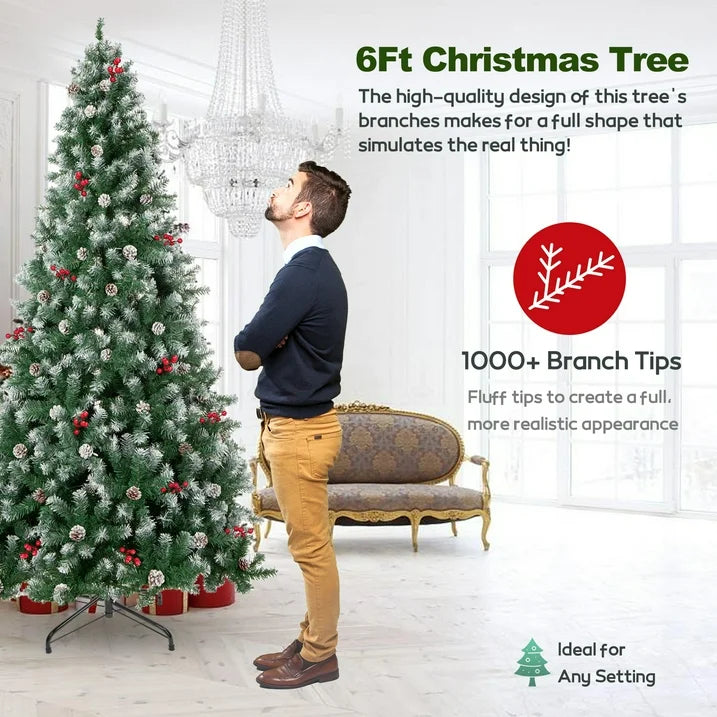 6FT Pre-Decorated Artificial Christmas Tree w/ 800 PVC Branch Tips, Pine Cone & Red Berries for Home Office Party Decoration, Partially Flocked Design Xmas Trees w/ Dense Branches & Metal Stand