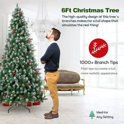 6FT Pre-Decorated Artificial Christmas Tree w/ 800 PVC Branch Tips, Pine Cone & Red Berries for Home Office Party Decoration, Partially Flocked Design Xmas Trees w/ Dense Branches & Metal Stand
