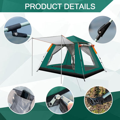 Pop up Canopy Big Instant Camping Tent, Green 4-5 Person Family Tents for Camping with 4 Doors, 7.87'x7.87'x5.1' Anti-UV Waterproof Easy Setup Camping Tent for Beach Picnic Hiking Outdoor Backpacking,Green
