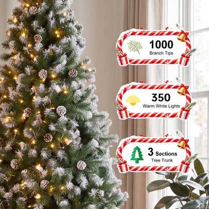 7ft Artificial Xmas Tree Realistic Fire Proof PVC Snow Flocked Xmas Tree with Pinecones String Lights Dense Branches for Home Holiday Decor