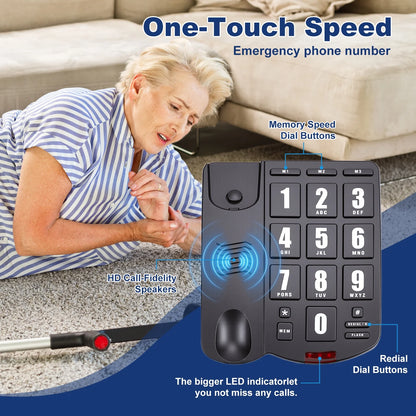 Big Button Phone for Seniors, Corded Landline Telephone for Elderly w/ Visually Disorders/Hearing Damage, Adjustable Volume Large Key Wired Telephone, One-Touch Dialling, Extra Loud Ringer, Black