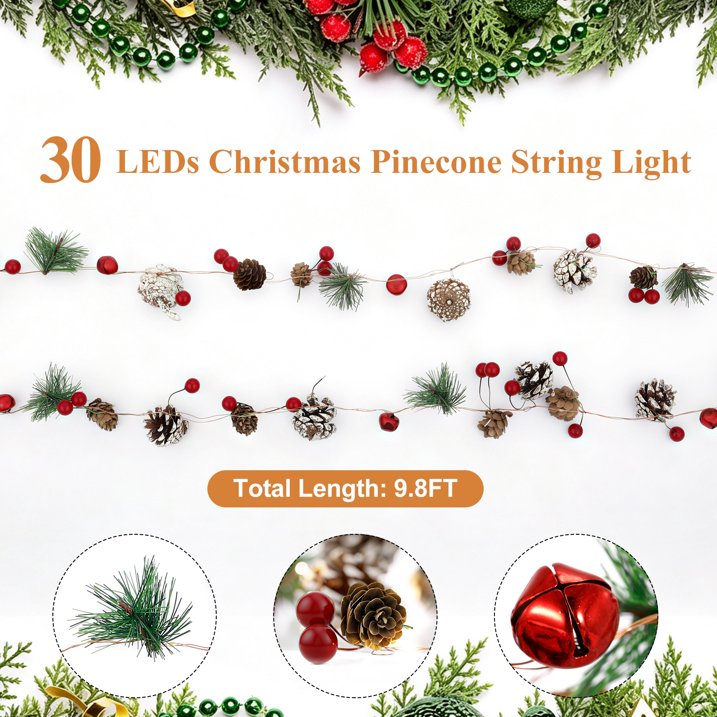9.8ft Christmas Garland with Lights, 30 LED Red Berry Pine Cone Garland Lights Battery Operated, LED Garland String Lights, Indoor Outdoor Christmas Decorations for Home Garland Fireplace Decor
