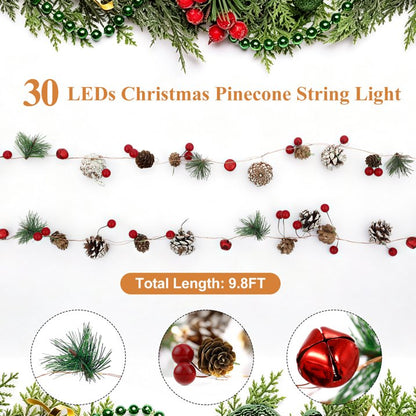 9.8ft Christmas Garland with Lights, 30 LED Red Berry Pine Cone Garland Lights Battery Operated, LED Garland String Lights, Indoor Outdoor Christmas Decorations for Home Garland Fireplace Decor
