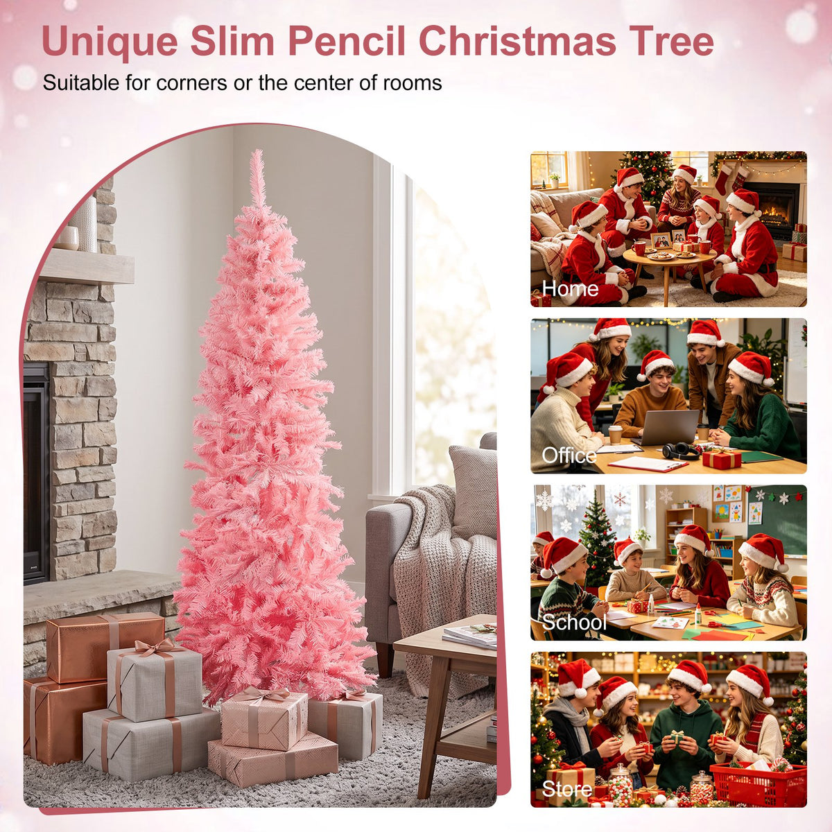 6ft Pink Artificial Pencil Christmas Tree, Unlit Slim Xmas Tree with 660 PVC Tips & Foldable Metal Stand, Full Shape, Easy to Assemble for Home Office Party Holiday Display Decoration